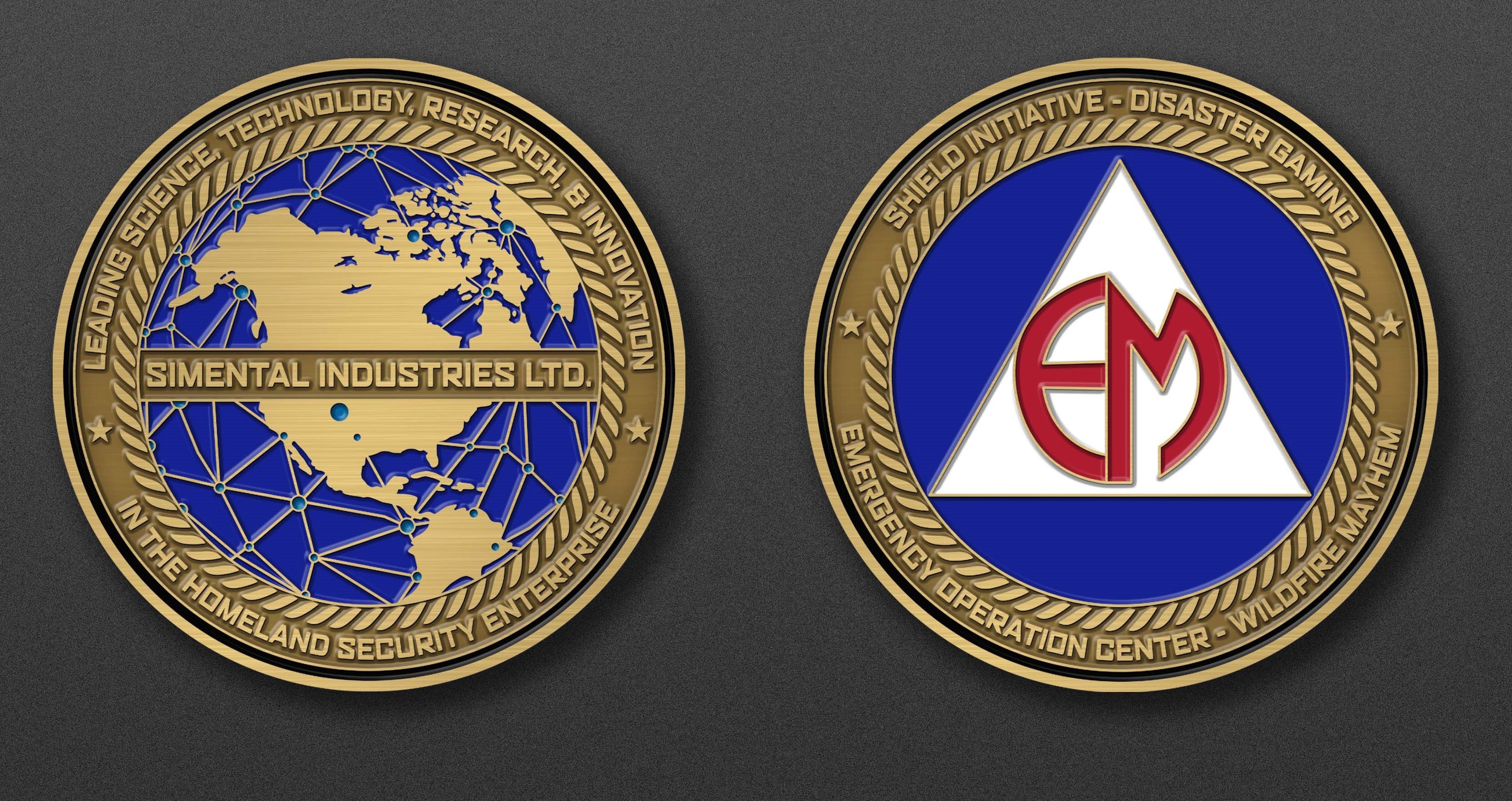 Two sides of the Limited Edition Disaster Gaming Challenge Coin: one shows a globe with "Simental Industries Ltd." inscription, the other features the EM emblem with a triangular shield and gold border