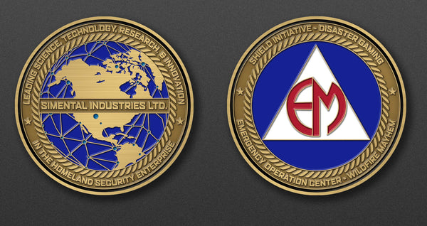 Two sides of the Limited Edition Disaster Gaming Challenge Coin: one shows a globe with "Simental Industries Ltd." inscription, the other features the EM emblem with a triangular shield and gold border