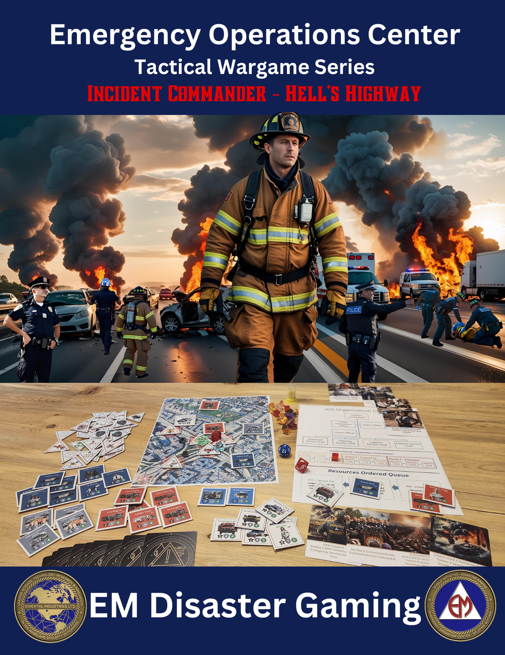 Emergency Operations Center Tactical Wargame Series - Incident Commander Hell's Highway cover featuring a firefighter, burning vehicles, and game components.