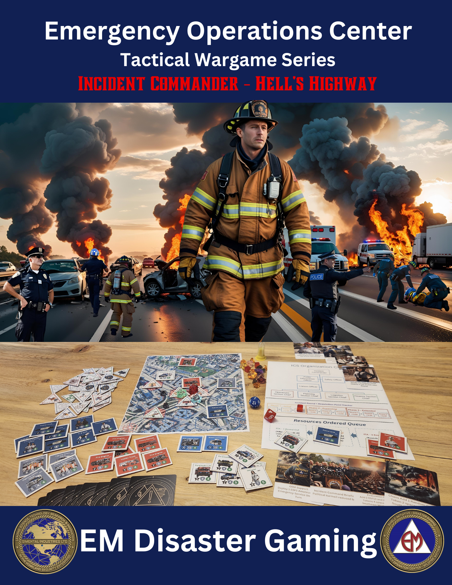 Emergency Operations Center Tactical Wargame Series - Incident Commander Hell's Highway cover featuring a firefighter, burning vehicles, and game components.