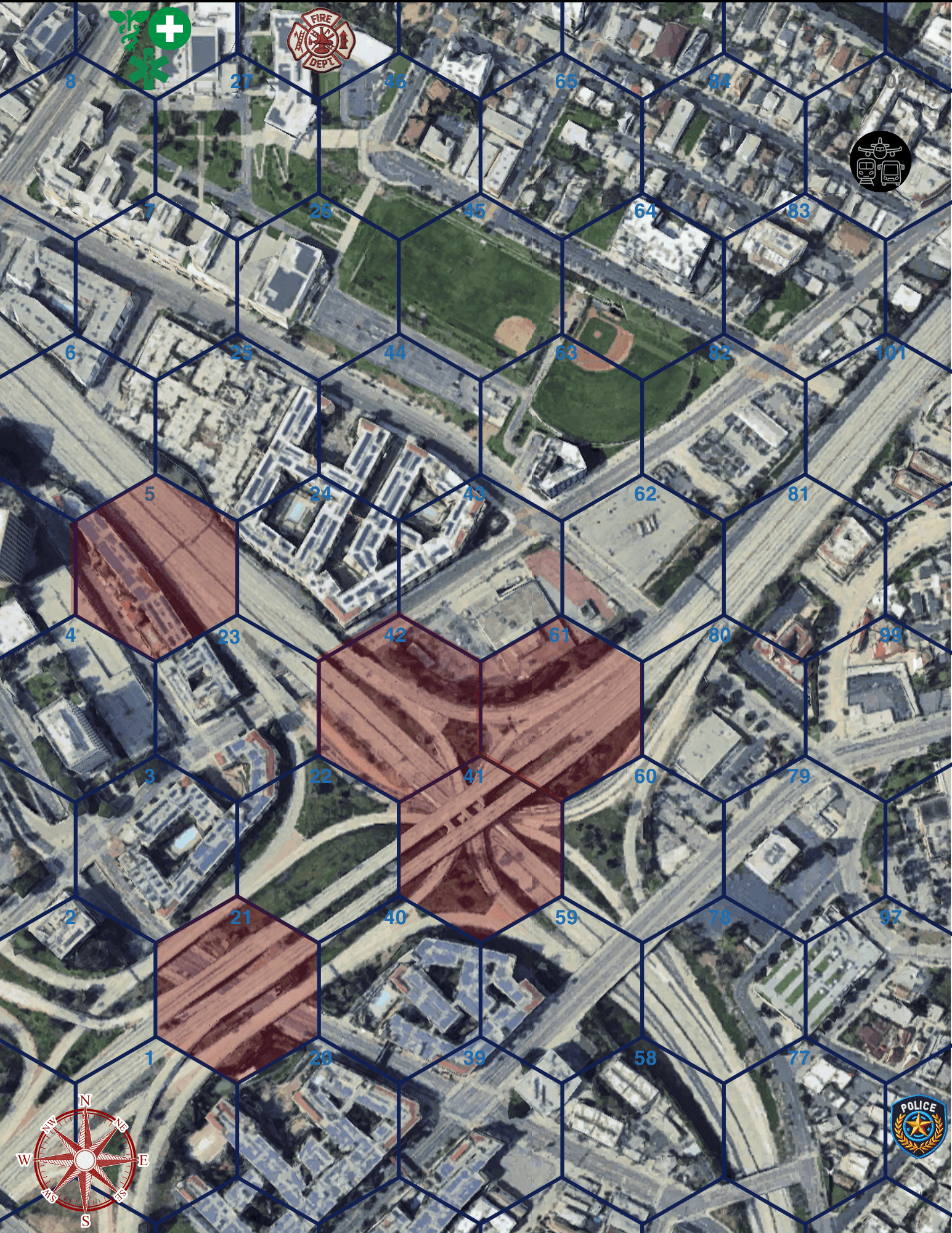 Hexagonal grid map of a city street layout used in the Hell's Highway scenario, featuring highlighted zones and icons.