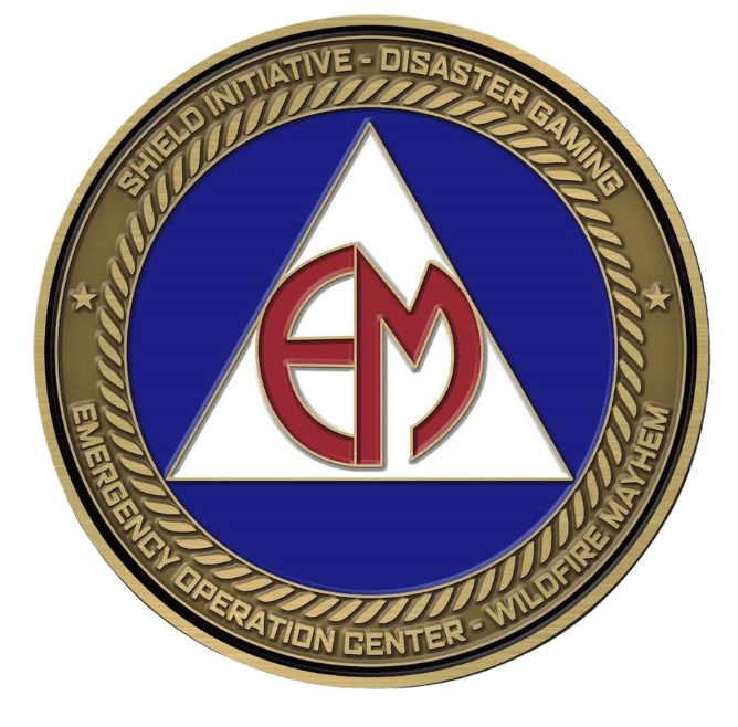 Limited Edition Disaster Gaming Challenge Coin featuring a circular gold and blue emblem with red EM logo and text reading 'Emergency Operation Center - Wildfire Mayhem'